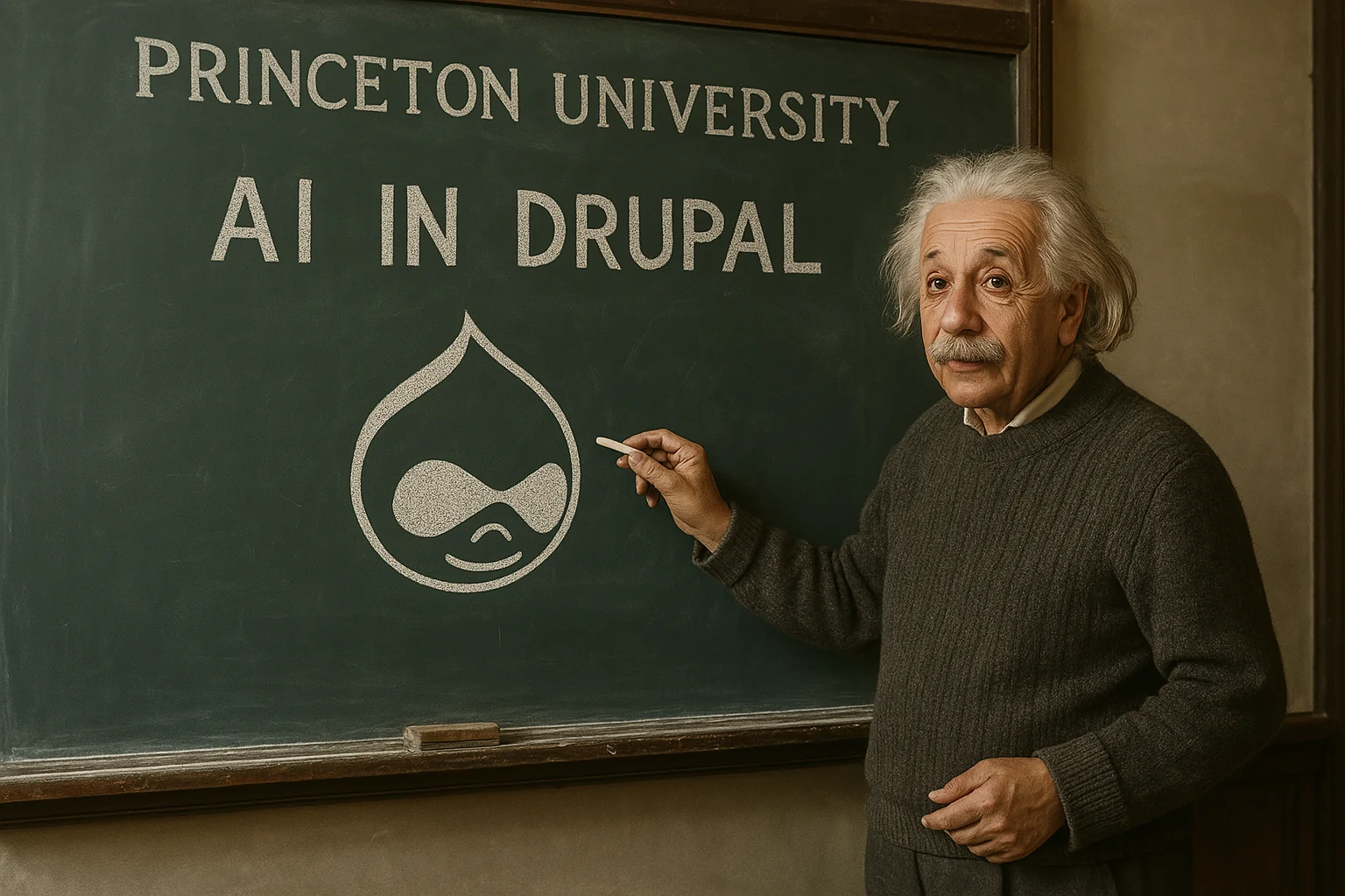 Man in a sweater points to a logo on a blackboard in a classroom.